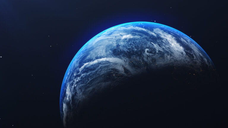 Earth in space view with shining sunrise in universe and galaxy background. Nature  and World environment concept. Science and globe. Fantasy sky atmosphere